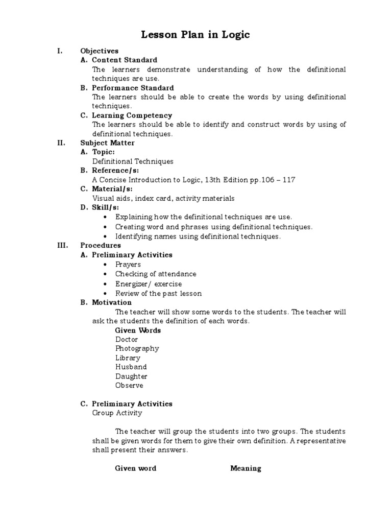 Lesson Plan in Logic | Definition | Lesson Plan