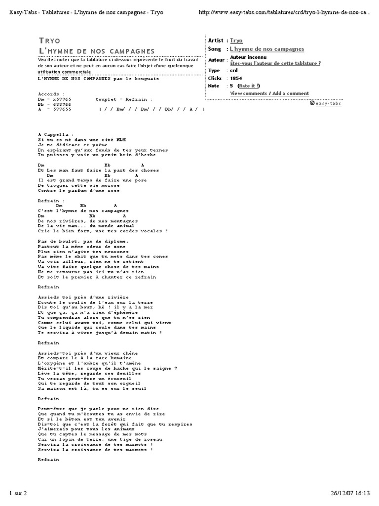 Tryo L hymne De Nos Campagnes Tab Tablature L'hymne de Nos Campagnes | PDF
