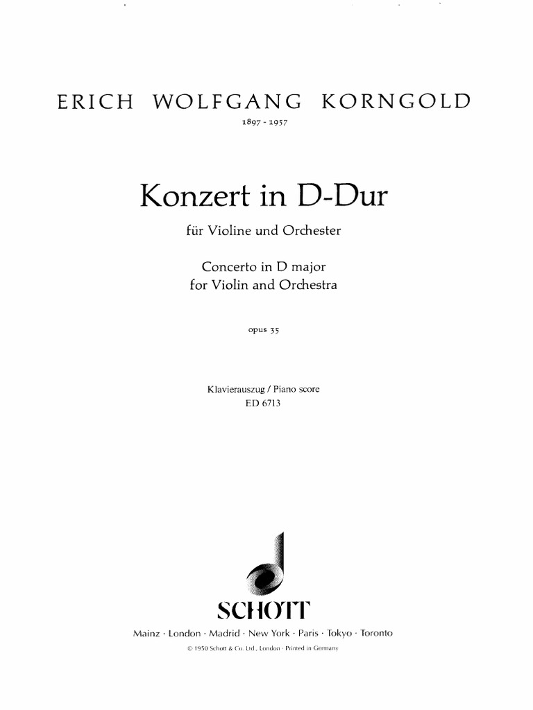 Korngold Violin Concerto sheet music for the piano part (reduction), suited for advanced rehearsal.