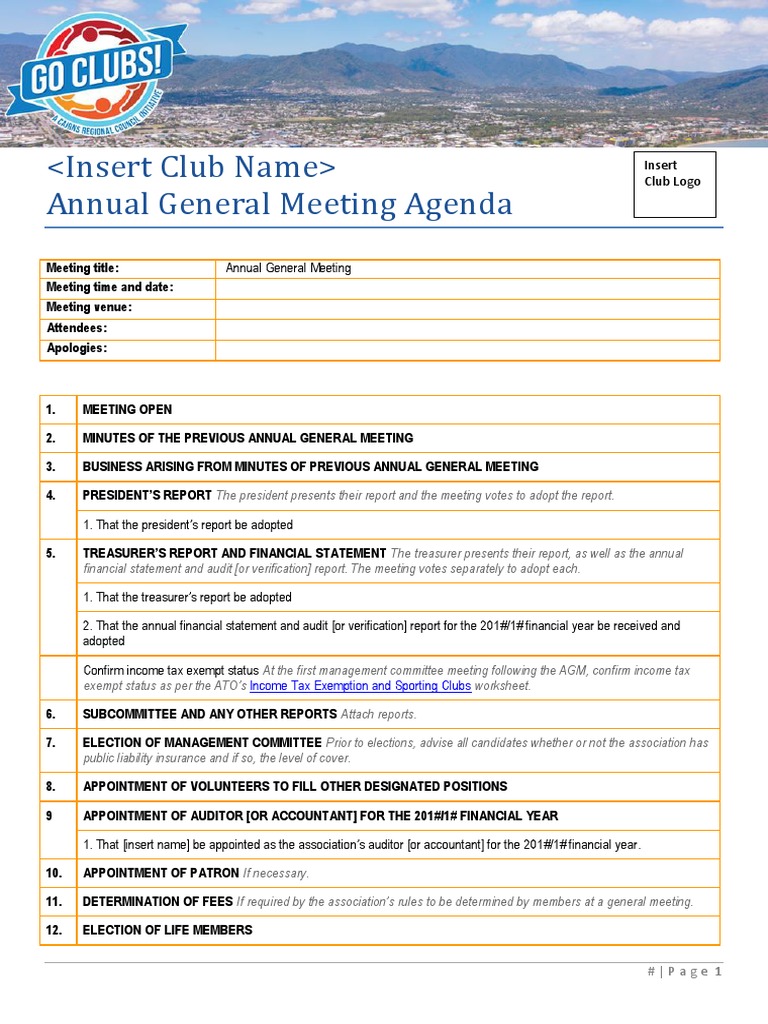 Go Clubs AGM Agenda Template  PDF  Financial Statement  Audit In Treasurer