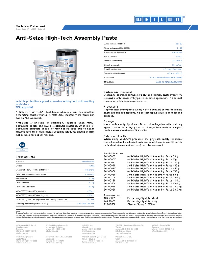 TDS 26100045 en AntiSeize HighTech Assembly Paste PDF Friction