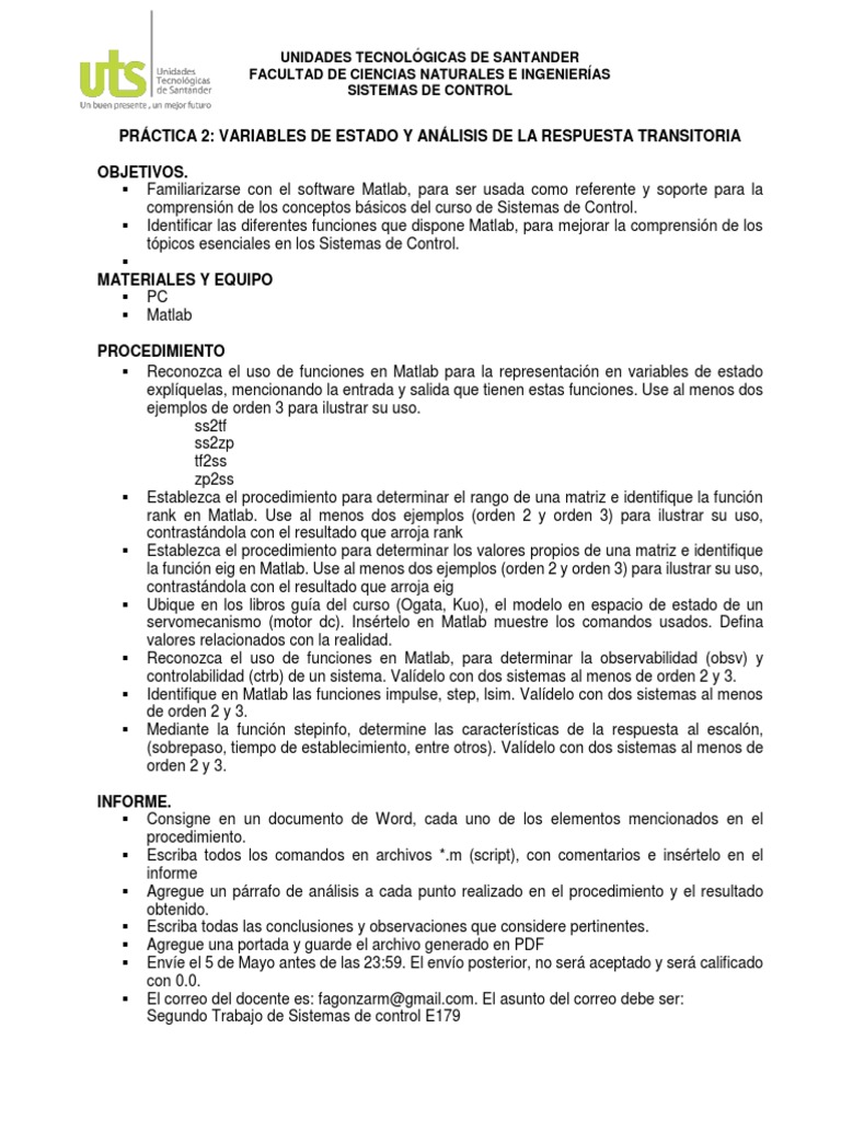 Práctica de Matlab en Sistemas de Control | PDF | Sistema de control ...