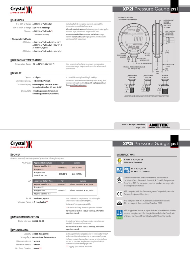Datasheet Manometro XP2i Crystal PDF Pressure Measurement Nature