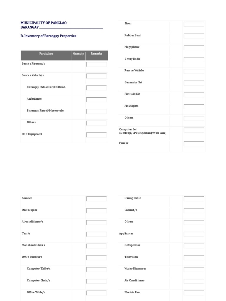 Municipality of Panglao BARANGAY - B. Inventory of Barangay Properties ...