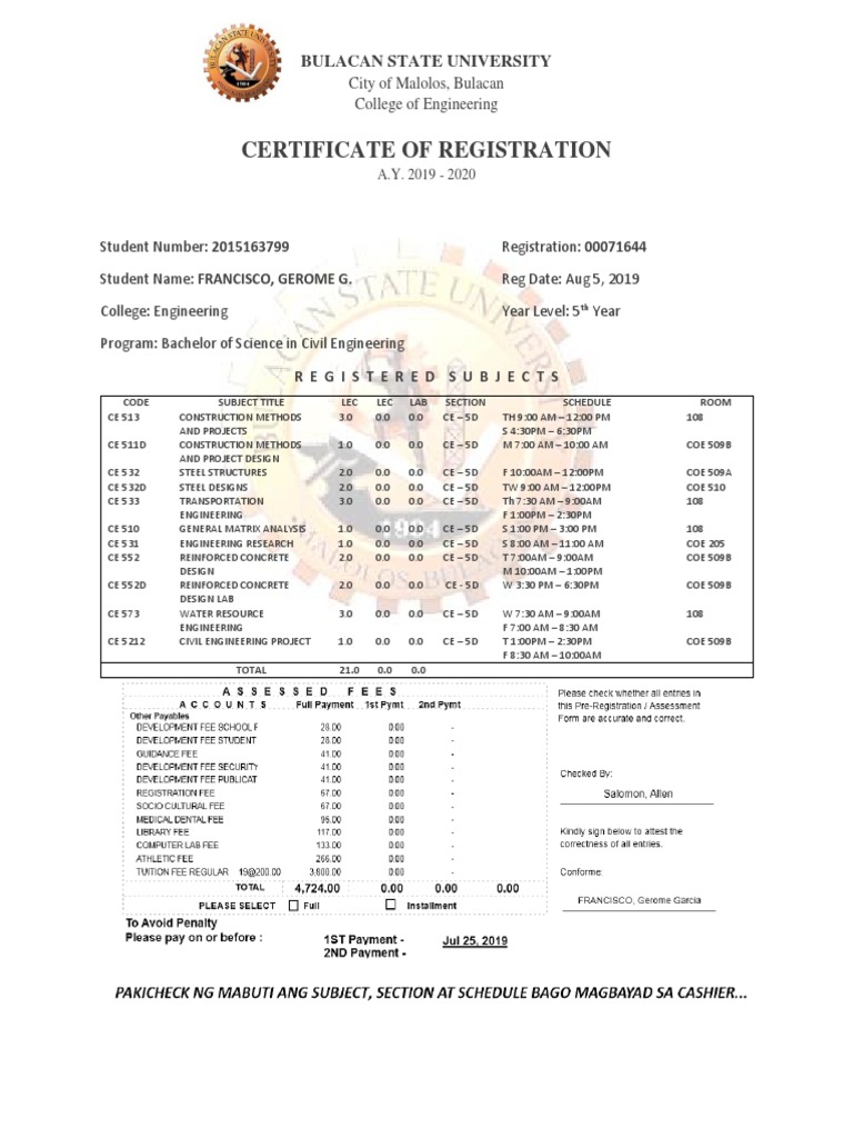 Certificate of Registration: Bulacan State University | PDF