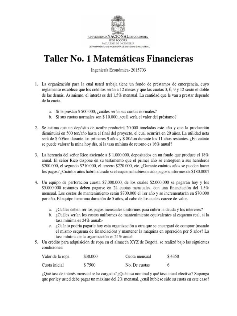 Taller de Matemáticas Financieras 2023 | PDF | Interés | Euro