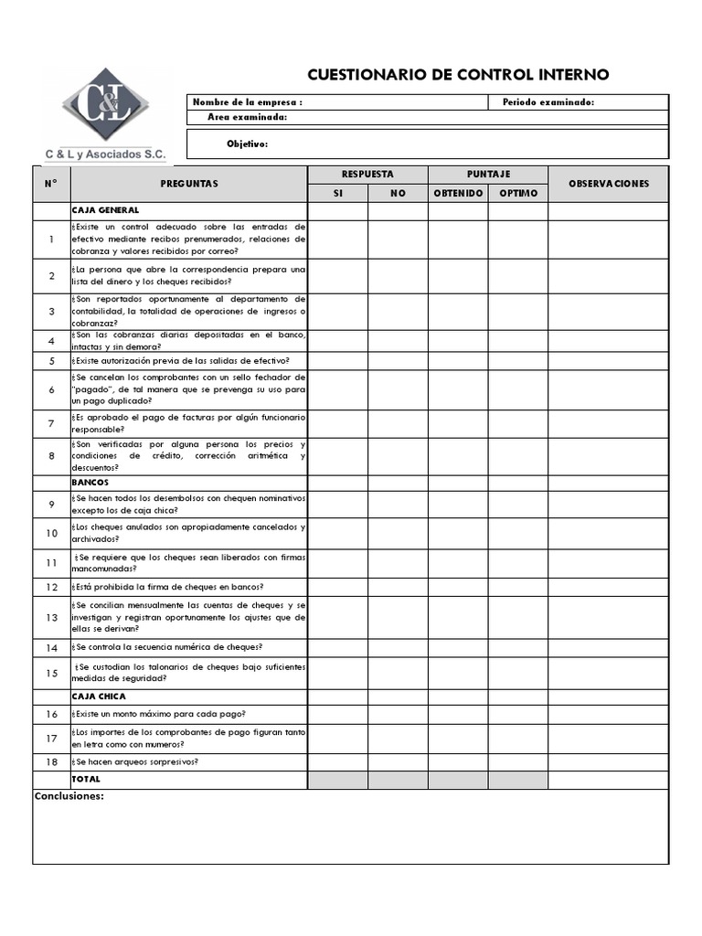 Cuestionario de Control Interno Financiero | PDF | Cheque | Bancos