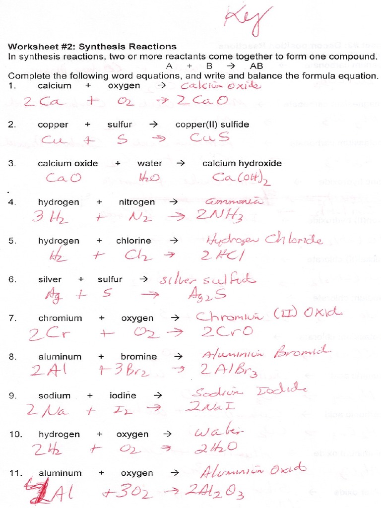 Synthesis and Decomposition Worksheet With Key Answer | PDF