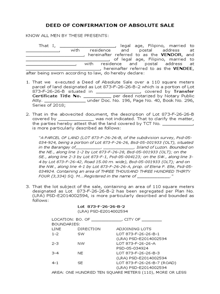 Deed of Confirmation and Ratification of Sale Due To Lack of