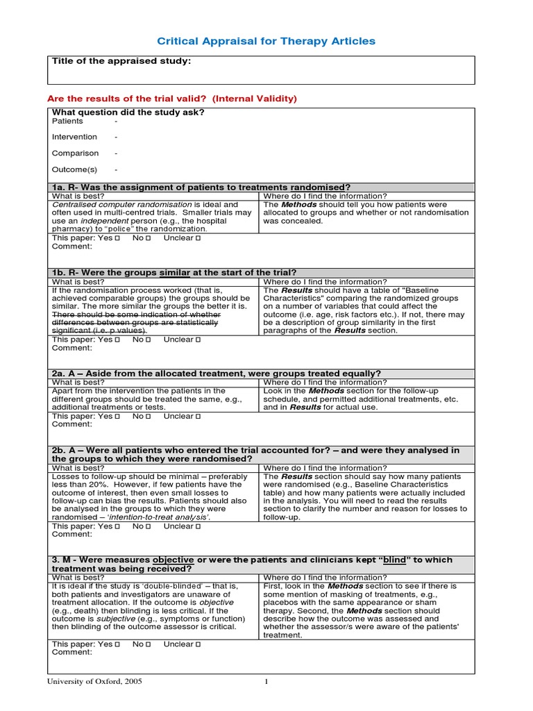 Critical Appraisal For Therapy Articles: Are The Results of The Trial ...