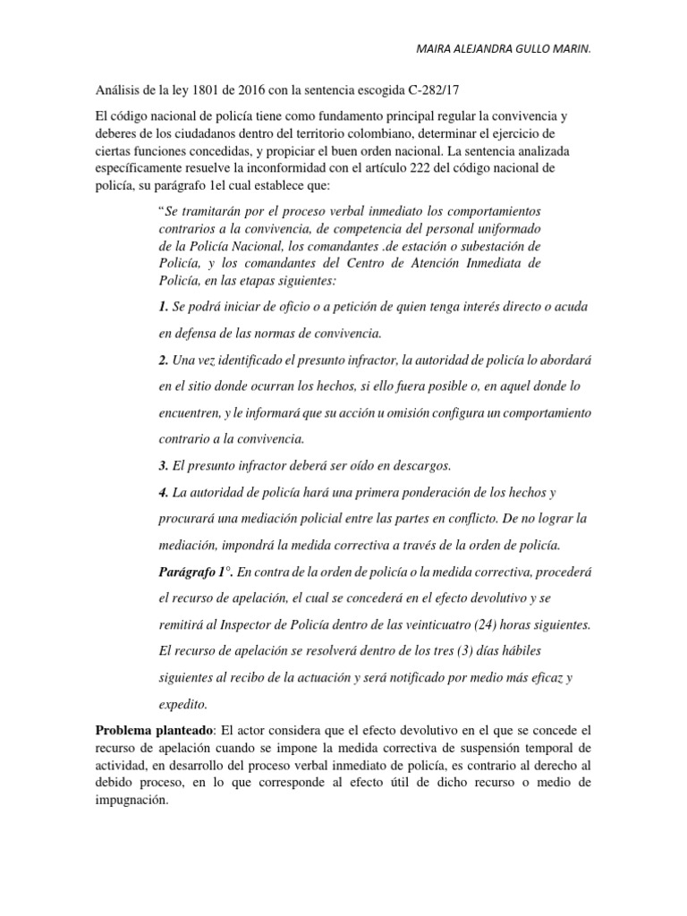 Analisis de Sentencia, Derecho Policivo Articulo 222. | PDF | Policía ...