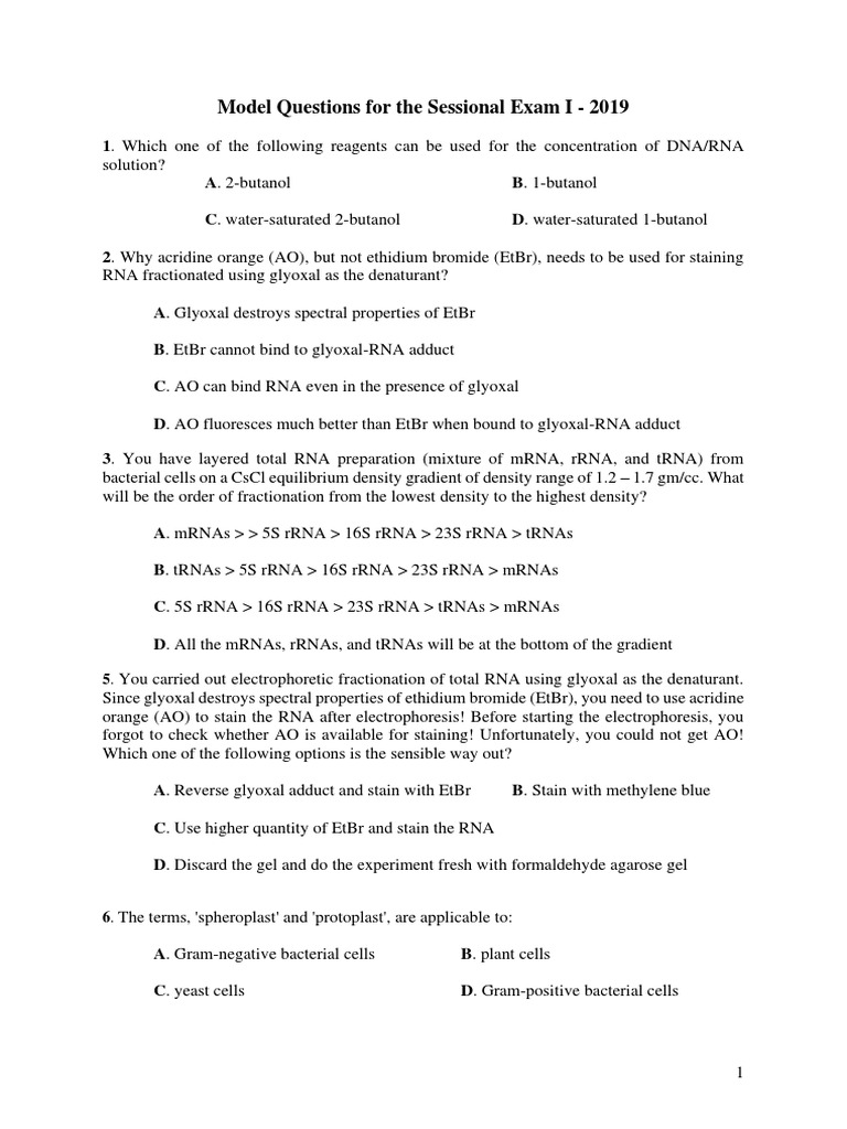 Model Questions For The Sessional Exam I - 2019 | PDF | Agarose Gel ...