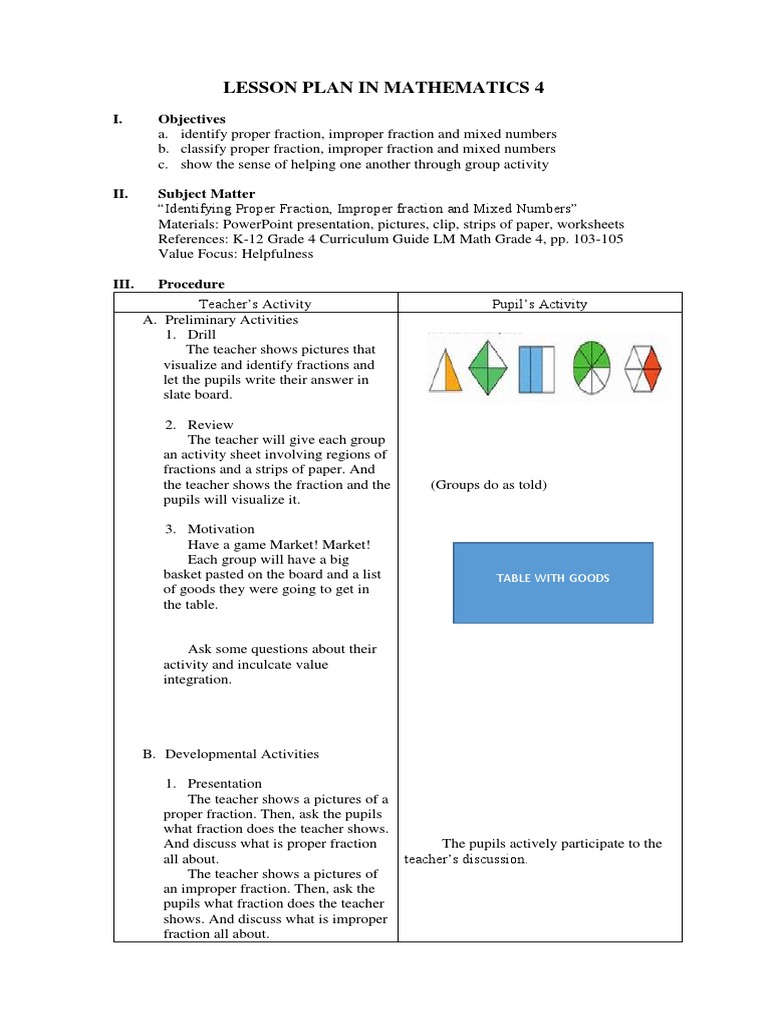 Lesson Plan in Mathematics 4: I. Objectives | PDF | Fraction ...