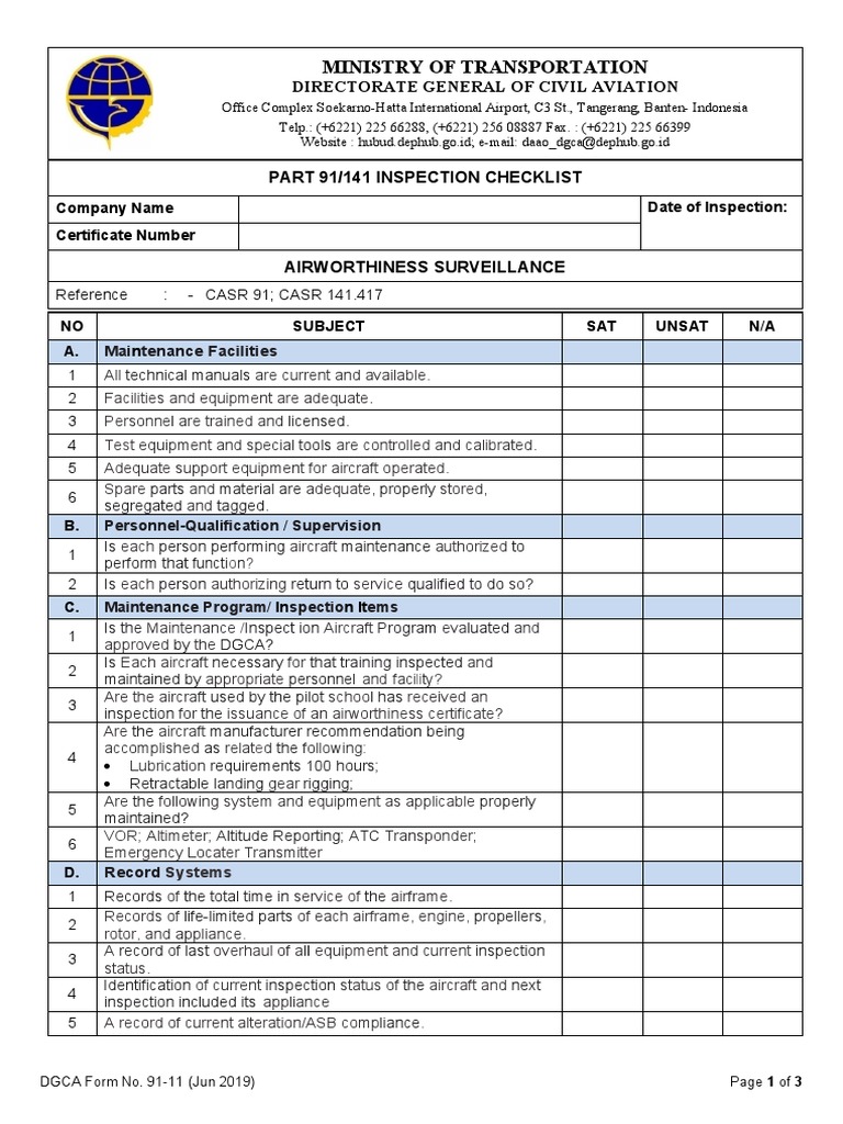 DGCA Form 9111 Part 91 141 Inspection Checklist Airworthiness