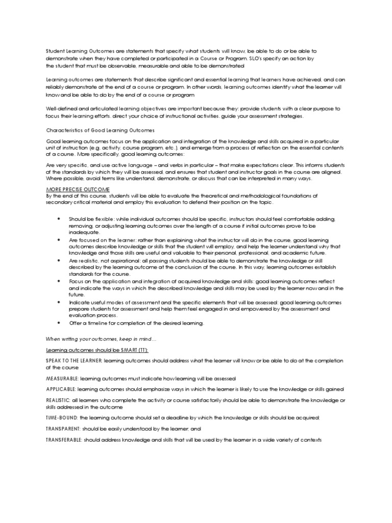 Defining Effective Student Learning Outcomes | PDF | Educational ...