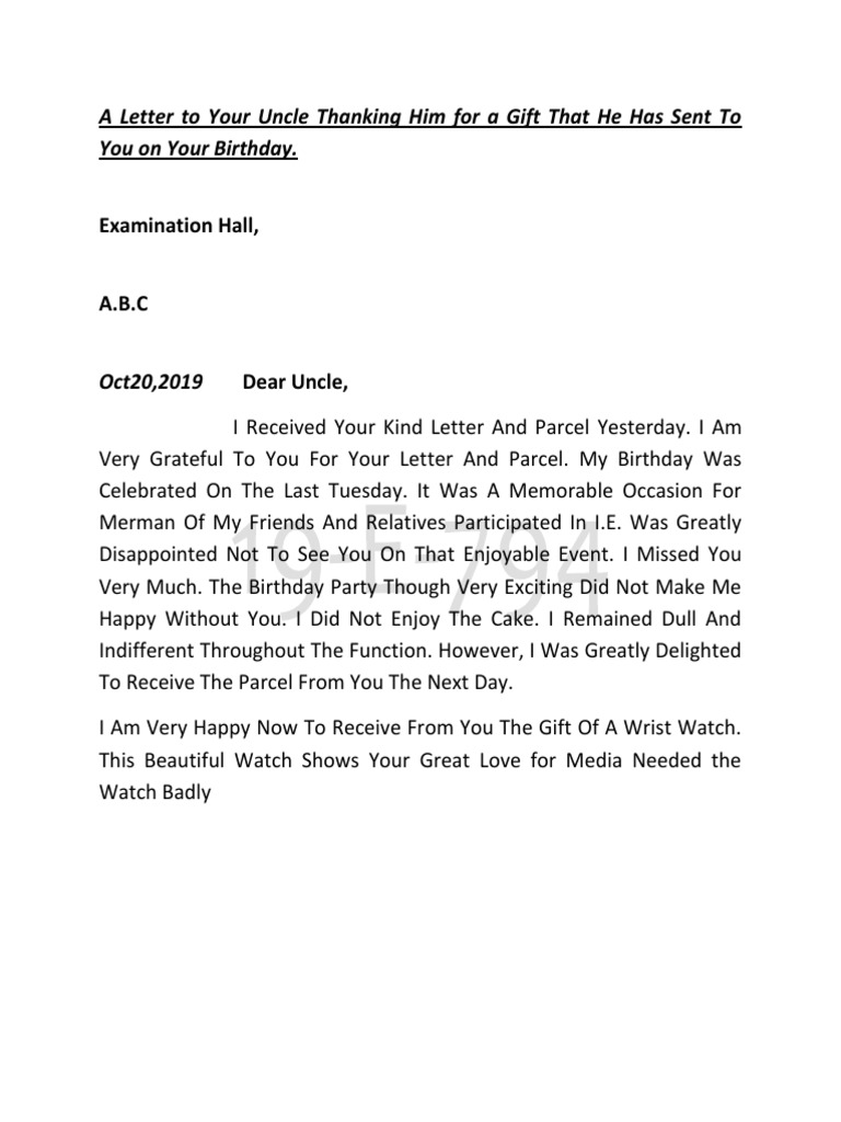 A Letter To Your Uncle Thanking Him For A Gift That He Has Sent To