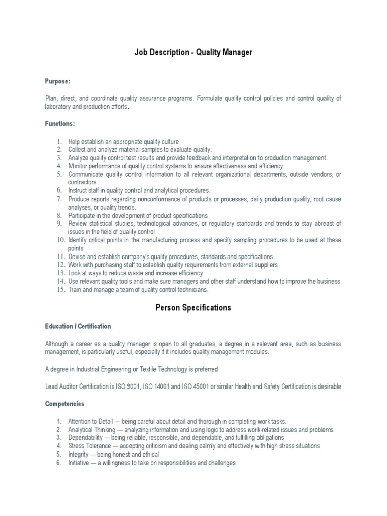 Job Description Quality Manager Purpose PDF Quality (Business