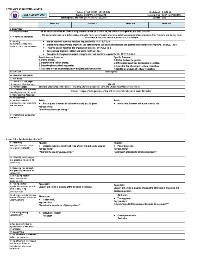 Grade 11 Earth & Life Science Lesson Plan | PDF | Cell (Biology) | Life