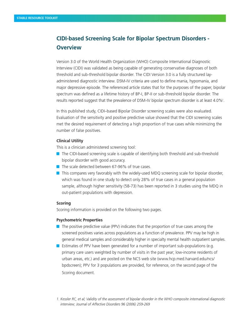 CIDI-based Screening Scale For Bipolar Spectrum Disorders - : Clinical ...