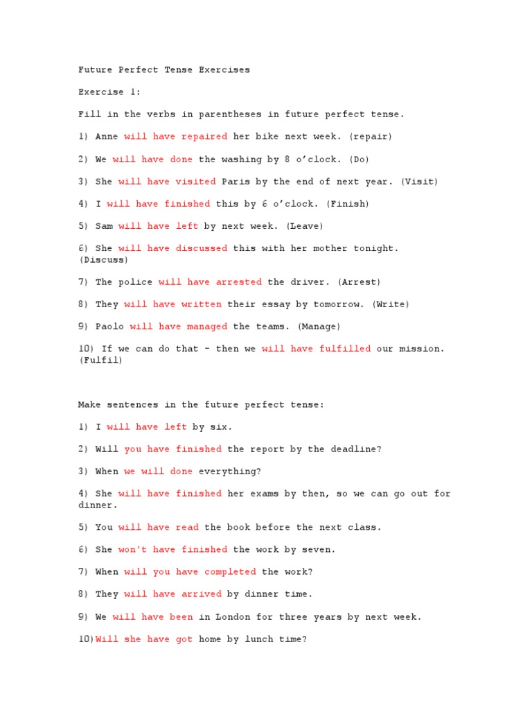 Future Perfect Tense Exercises | PDF | Language Arts & Discipline