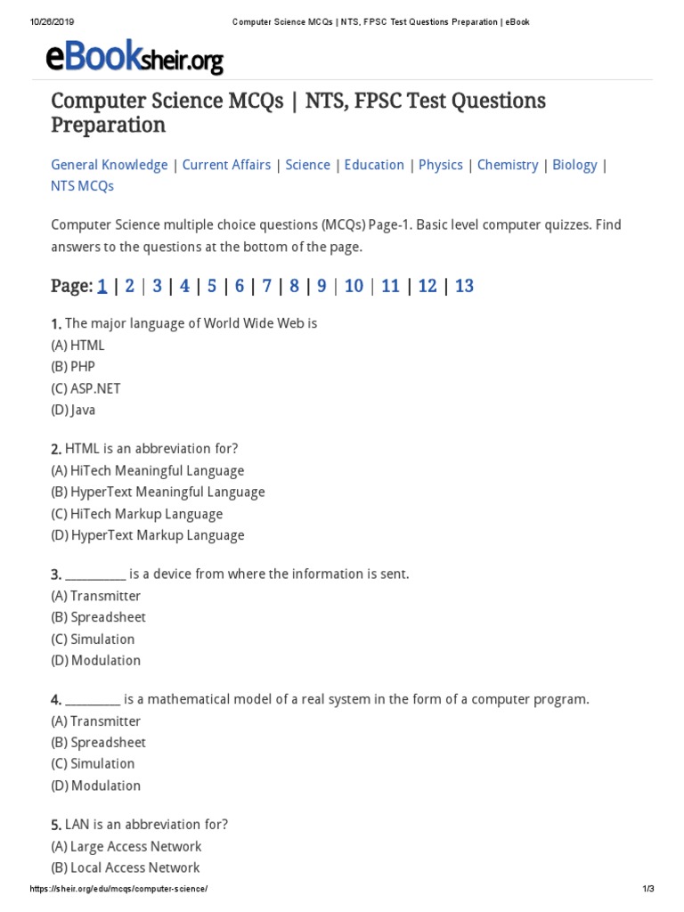 Computer Science Mcqs Nts Fpsc Test Questions Preparation Ebook