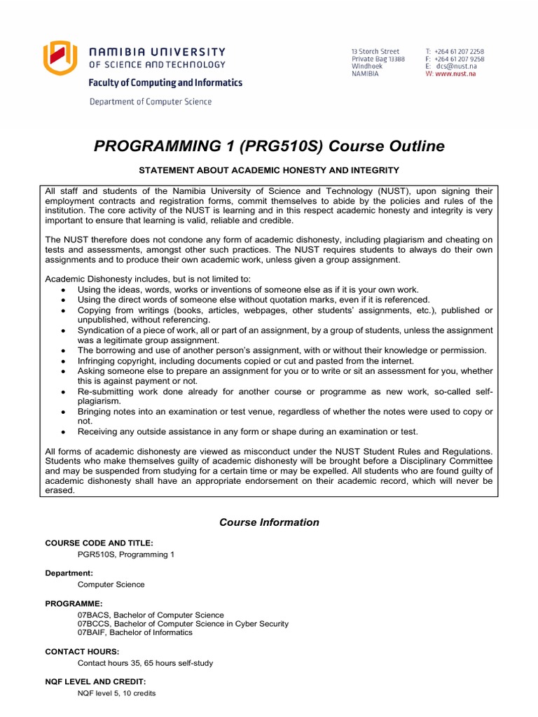 Programming 1 (PRG510S) - Course Outline | PDF | Academic Dishonesty ...