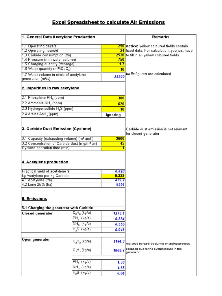 Excel Spreadsheet To Calculate Air Emissions 1. General Data Acetylene