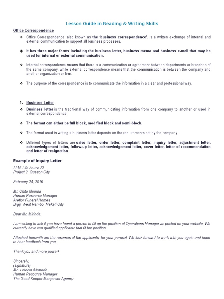 Lesson Guide Reading and Writing Skills PDF Business