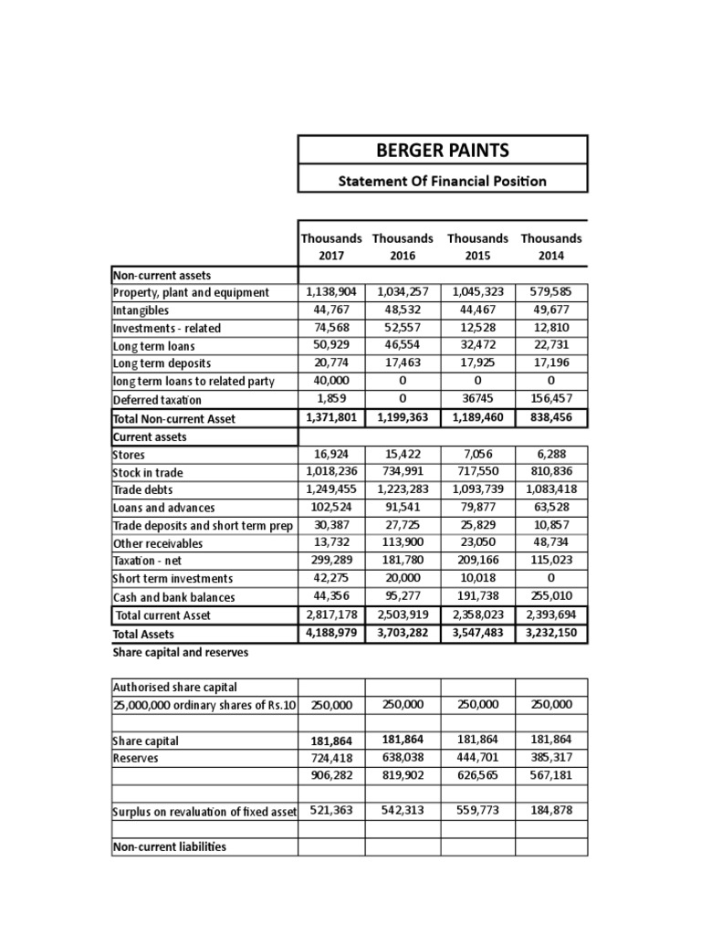 Berger Paints Statement of Financial Position PDF Money Economies