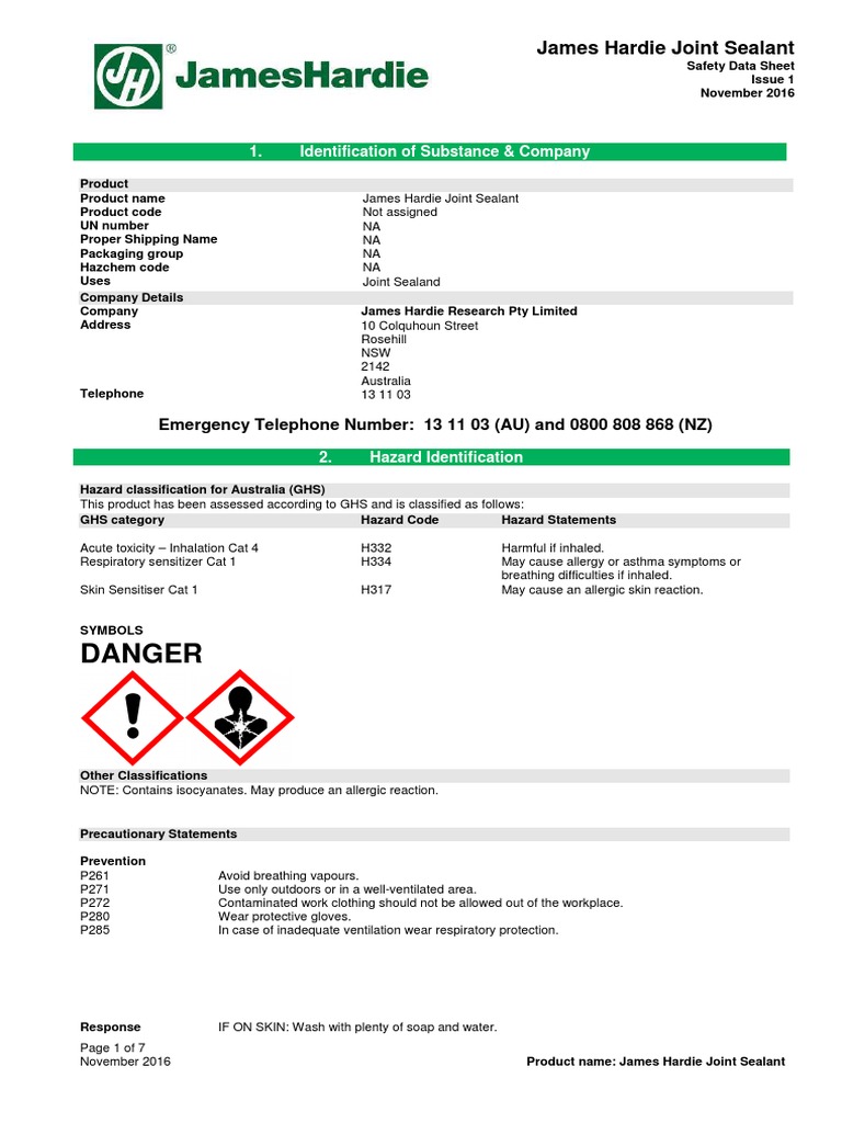 Danger James Hardie Joint Sealant PDF Toxicity Personal Protective Equipment