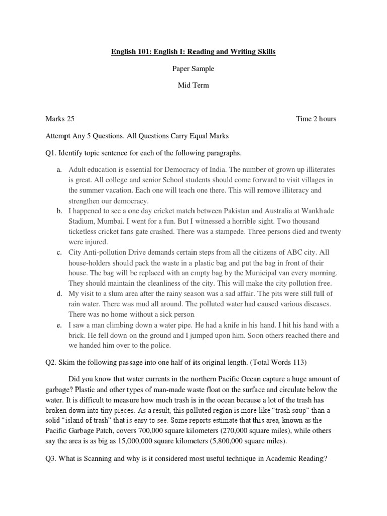 English 101 Mid Term Sample Paper | PDF | Rhinoceros | Literacy