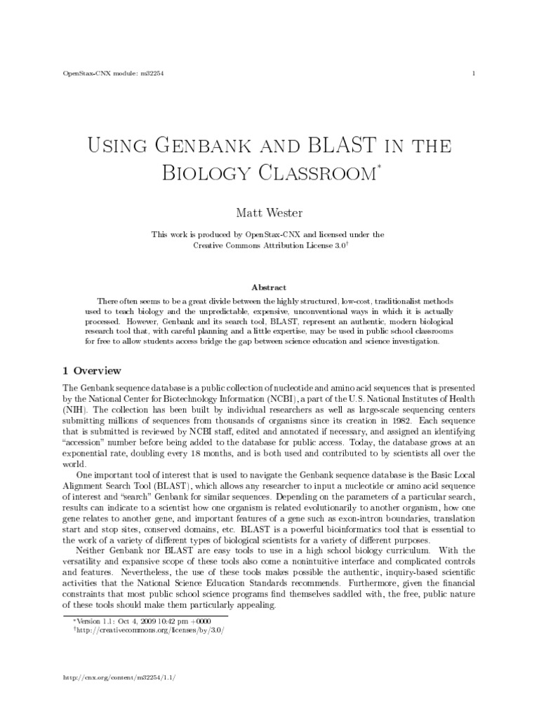 Using Genbank and BLAST in The Biology Classroom Matt Wester PDF Blast Nucleic Acid Sequence