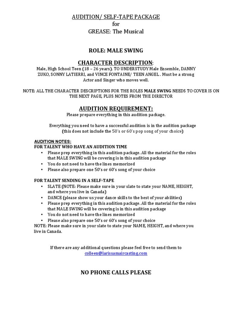 Grease Audition Requirements PDF Audition Entertainment
