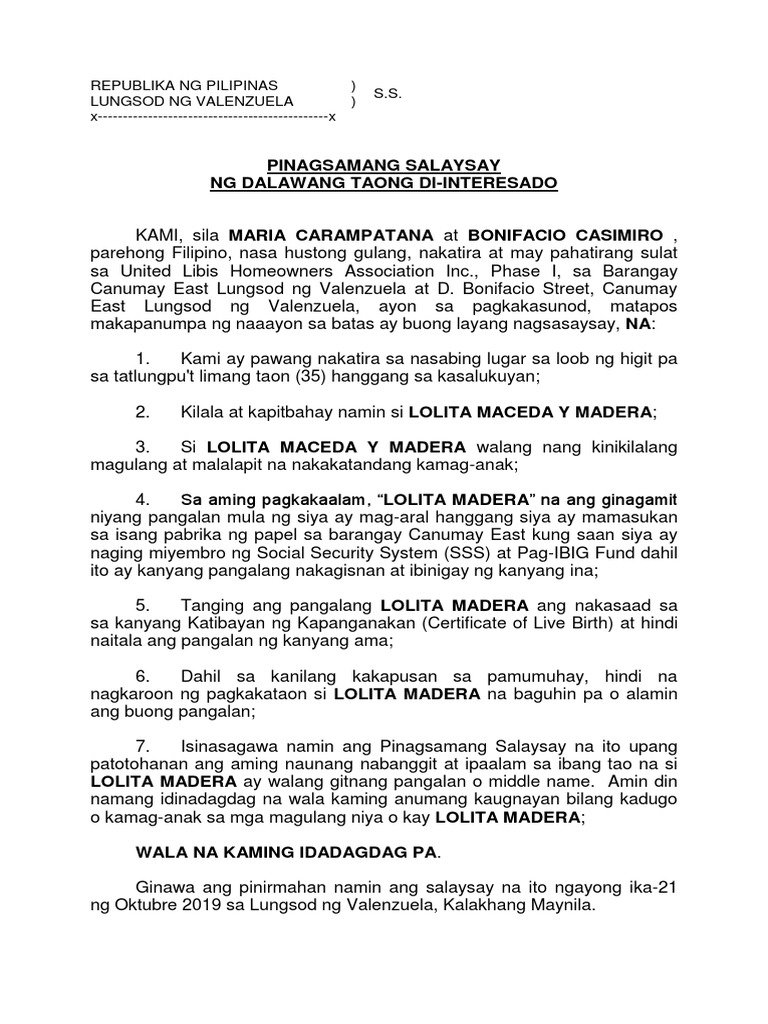 Affidavit of Two Disinterested Persons Tagalog Maceda PDF