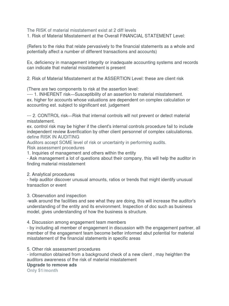 Summary Of Ch 9 Assessing The Risk Of Material Misstatement Risk Assessment Risk