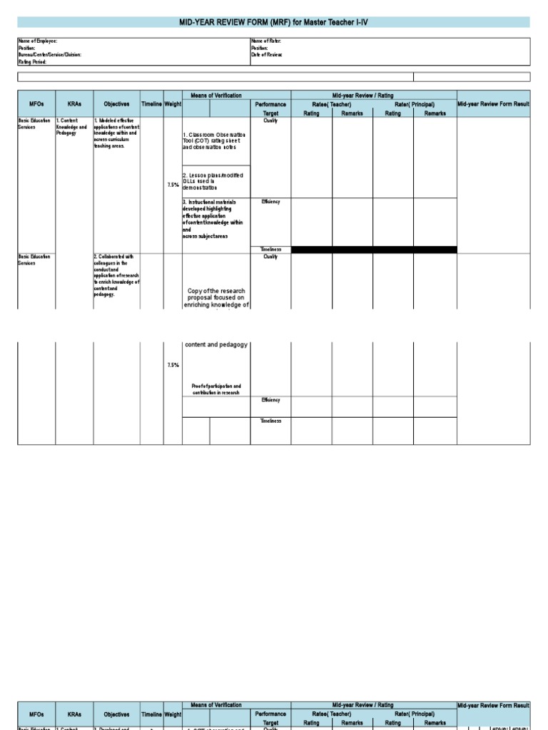MID-YEAR REVIEW FORM (MRF) For Master Teacher I-IV | PDF | Educational ...