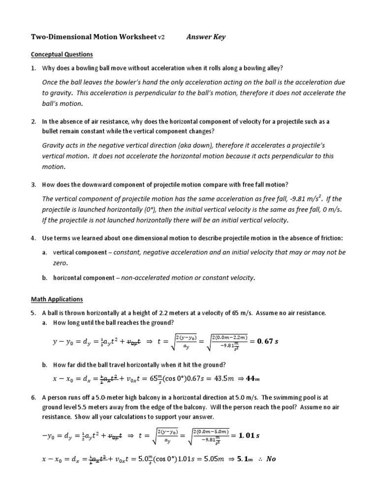 Projectile Motion Worksheet v11 Answer Key  Projectiles  Acceleration Throughout Projectile Motion Worksheet Answers