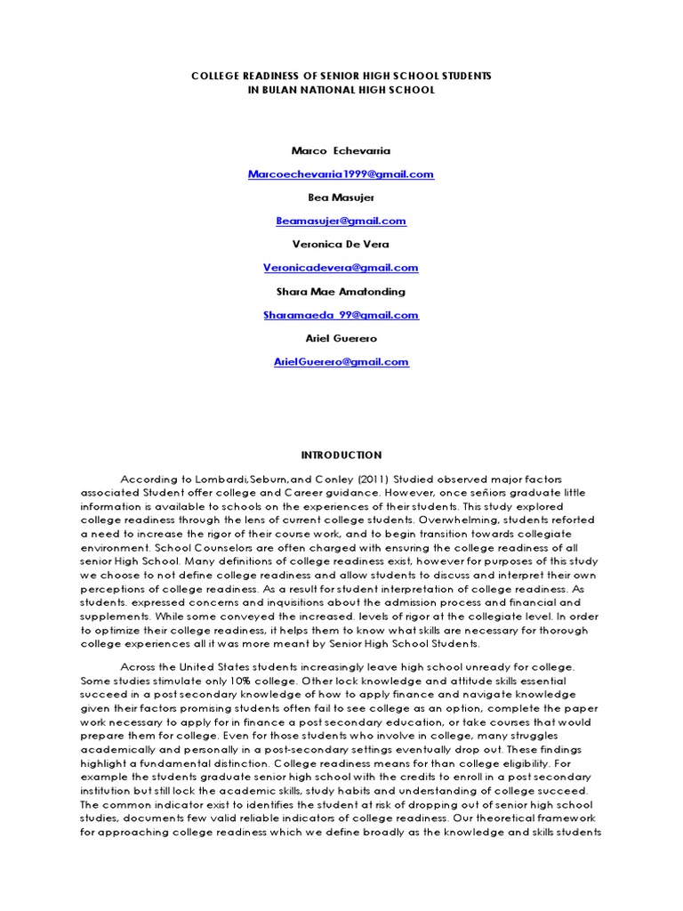 College Readiness of Senior High Students | PDF | School Counselor ...