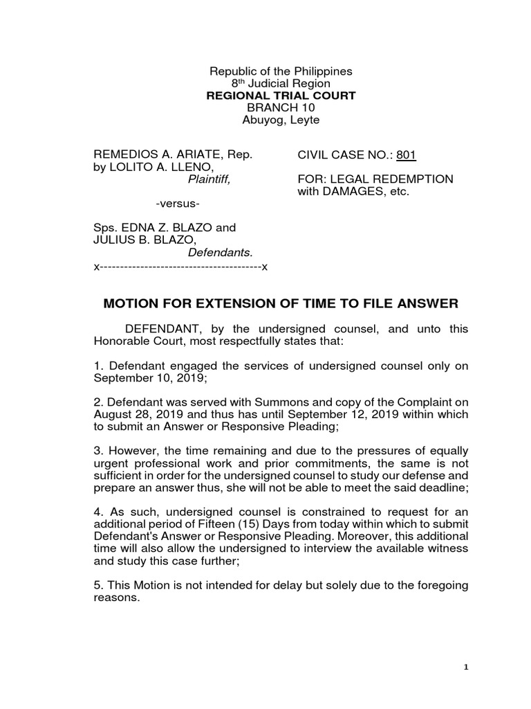 Motion For Extension of Time To File Answer: Regional Trial Court PDF Motion For Extension of Time To File Answer: Regional Trial Court PDF