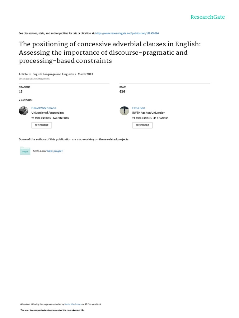 The Positioning of Concessive Adverbial Clauses in English: Assessing ...