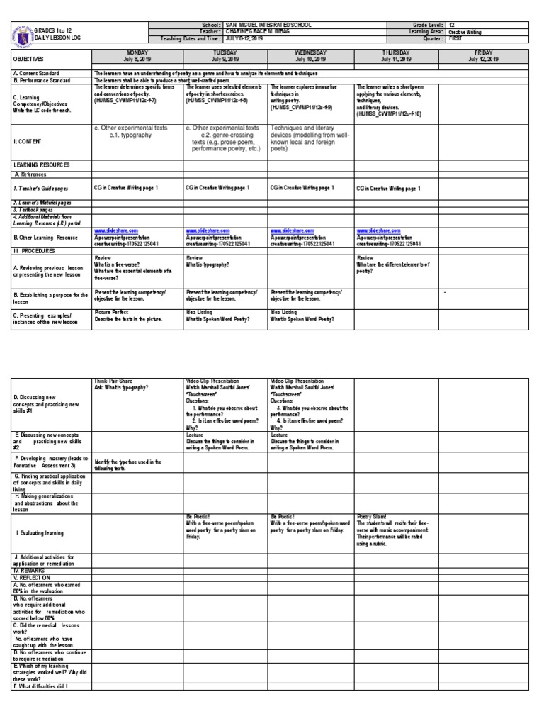 Week 5 Creative Writing Lesson Plan | PDF | Poetry | Typography