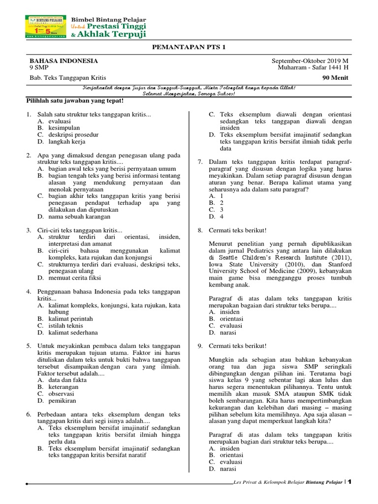 Pm Pts 1 Smp Kelas 9 Bahasa Indonesia Teks Tanggapan Kritis