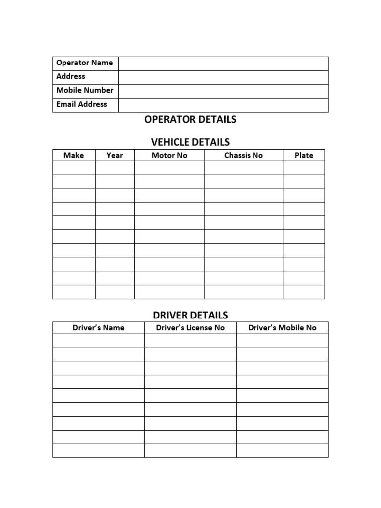 Operator and Vehicle Details Form | PDF | Business | Computers