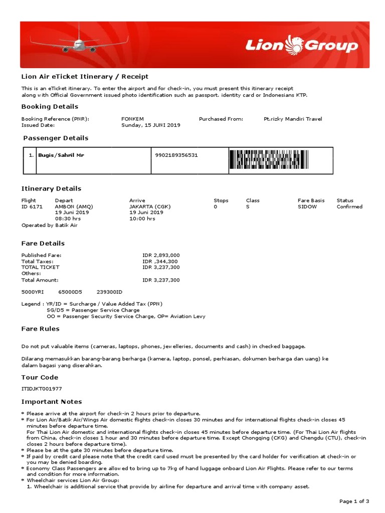 Lion Air Eticket Itinerary Receipt Pdf Aviation Airlines