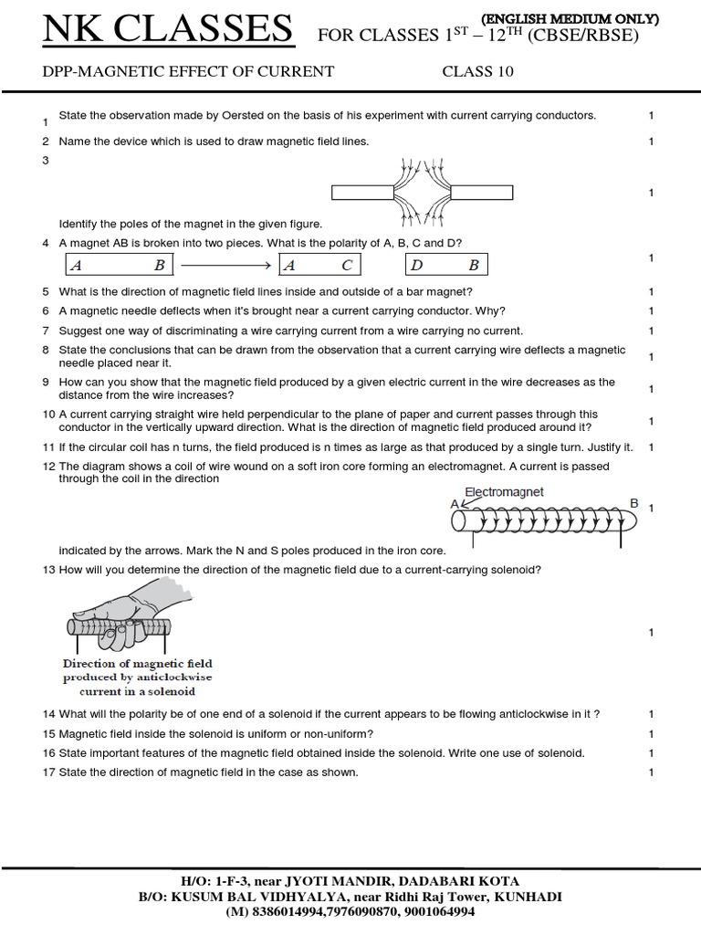 Class 10 Magnetic Effects of Current DPP | PDF | Magnetic Field ...