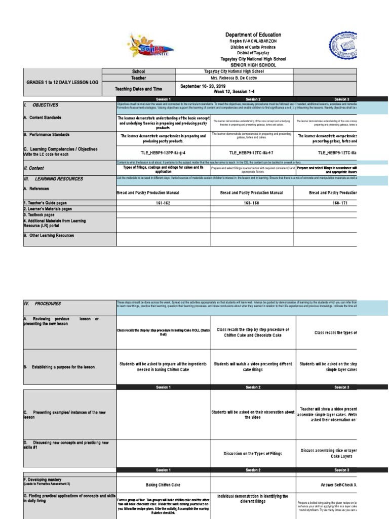 Grade 12 Bread and Pastry Lesson Plan | PDF | Curriculum | Cakes