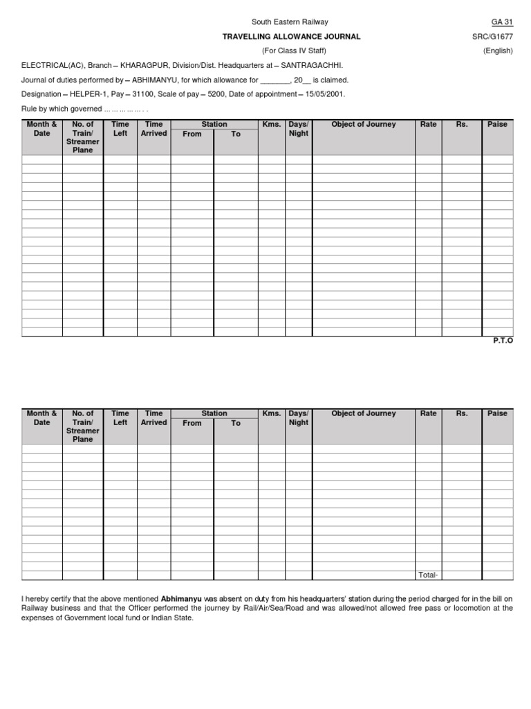 South Eastern Railway TA Journal Form | PDF