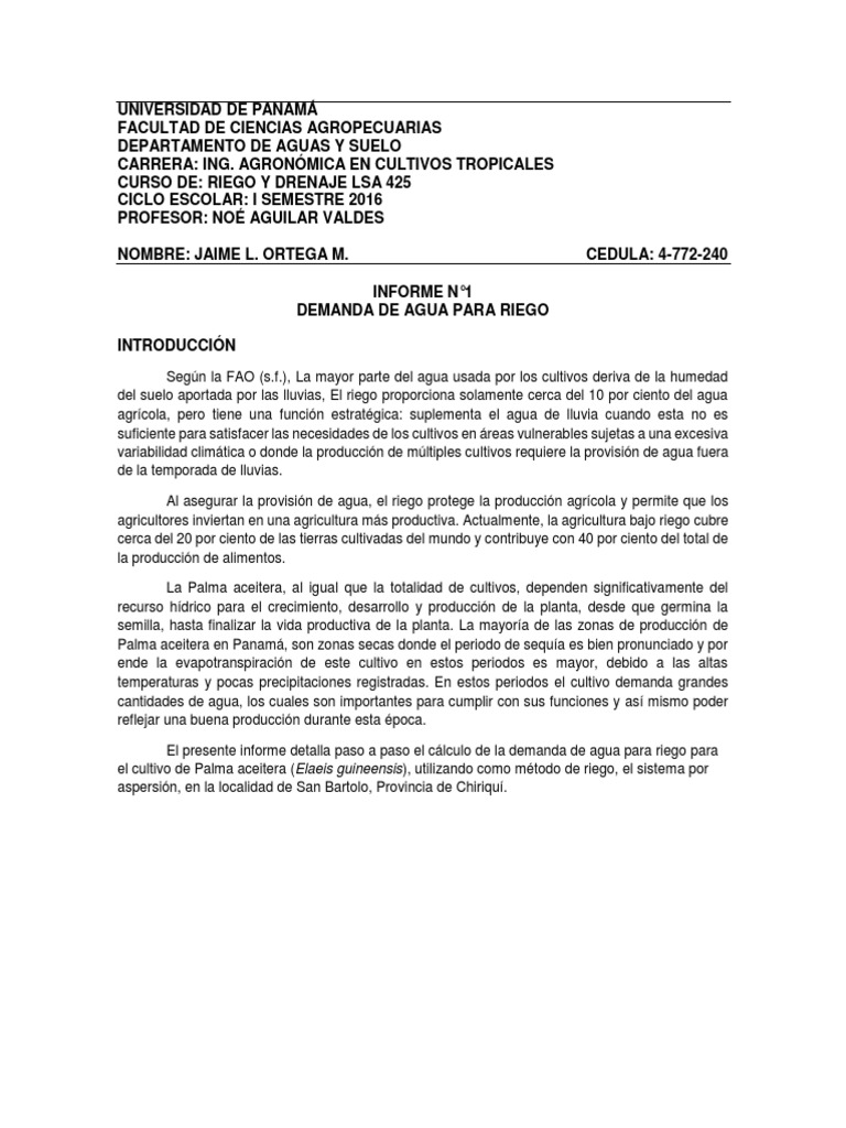 Cálculo de Demanda de Agua para Riego | PDF | Evapotranspiración | Riego