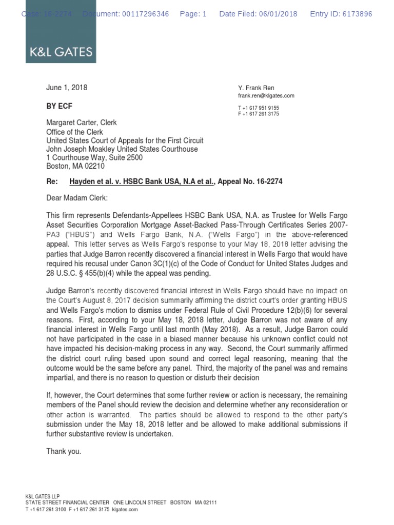 HSBC Response Recusal Barron, J | PDF | Wells Fargo | Federal Rules Of ...