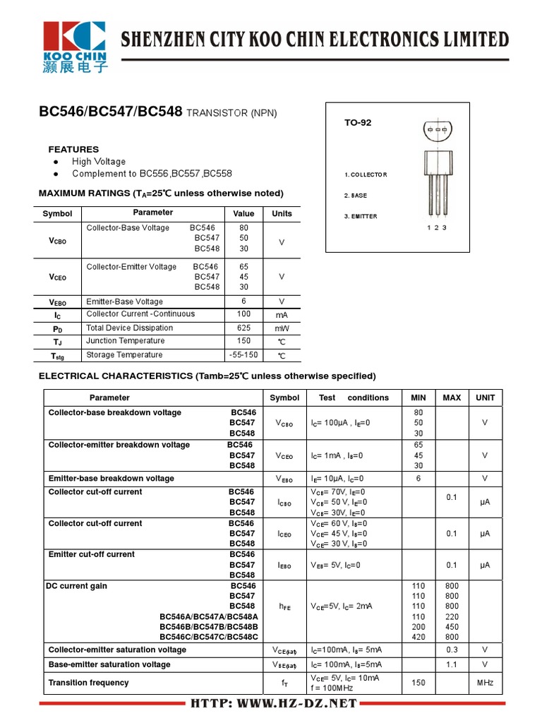BC546/BC547/BC548 Transistor (NPN) PDF Semiconductors Manufactured Goods